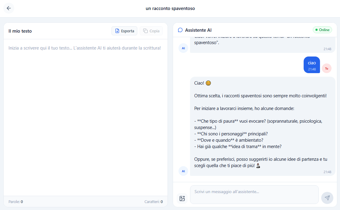 Interfaccia scrivoio: pannello editor testo e chat AI affiancati
